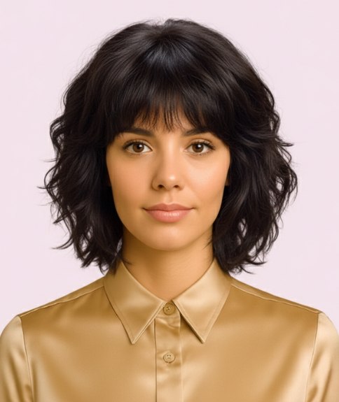 Carr&eacute; long audacieux avec une frange et d&eacute;grad&eacute;s effil&eacute;s