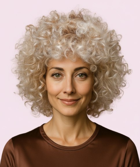 Cheveux blonds boucl&eacute;s encadrant le visage