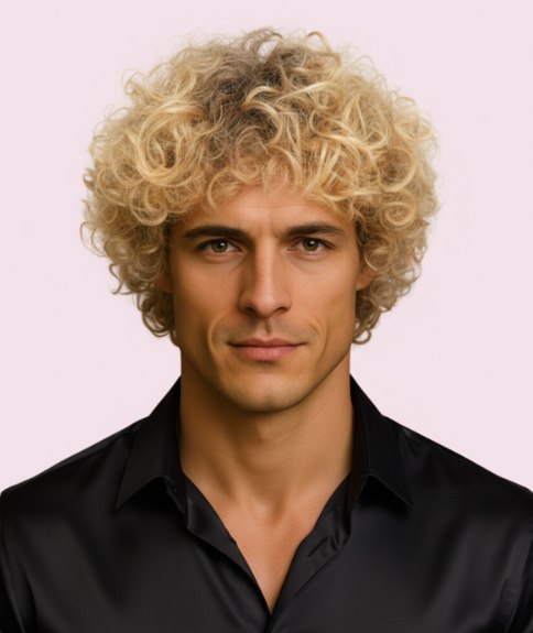 Coiffure masculine avec boucles dor&eacute;es