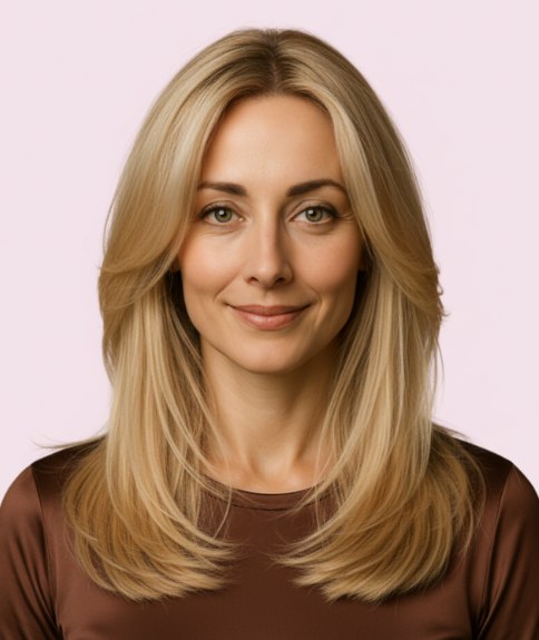 Cheveux longs blonds classiques tombant sous les &eacute;paules