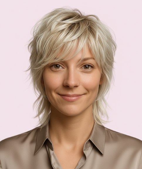 Coiffure juste au-dessus des &eacute;paules avec m&egrave;ches effil&eacute;es