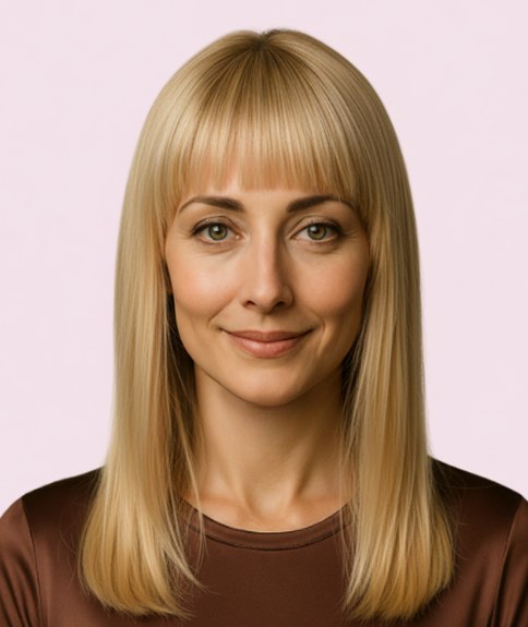 Cheveux longs et lisses avec frange et style soign&eacute;