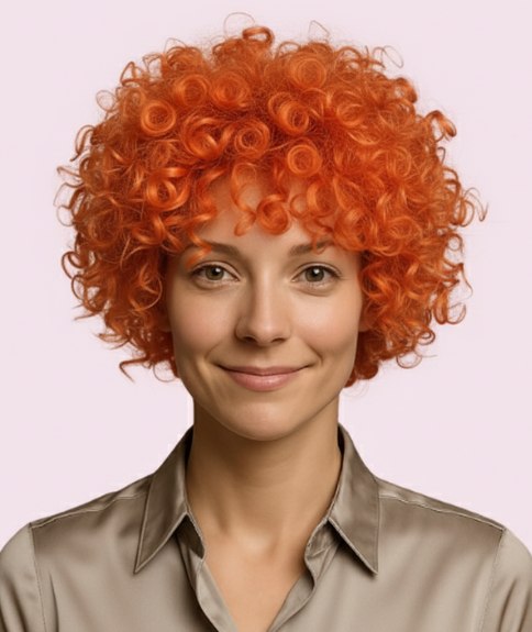 Coiffure courte avec boucles cuivr&eacute;es encadrant le visage