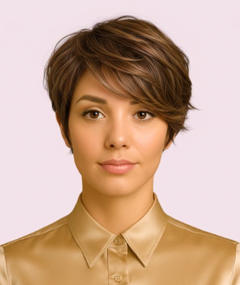 Cheveux bruns en coupe pixie moderne avec d&eacute;grad&eacute;