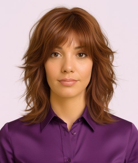 Coiffure shag longueur &eacute;paules avec m&egrave;ches encadrant le visage