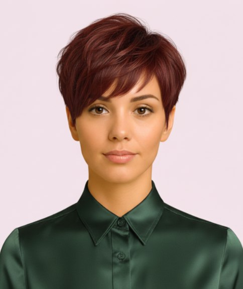 Pixie brun avec c&ocirc;t&eacute;s effil&eacute;s et longueur sur le dessus