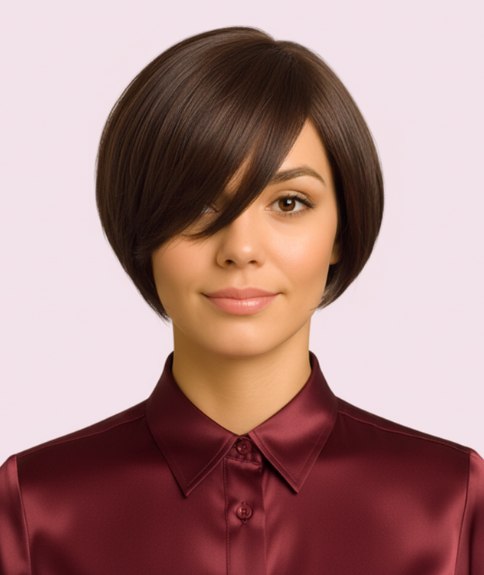 Carr&eacute; court avec frange lat&eacute;rale qui rajeunit le visage