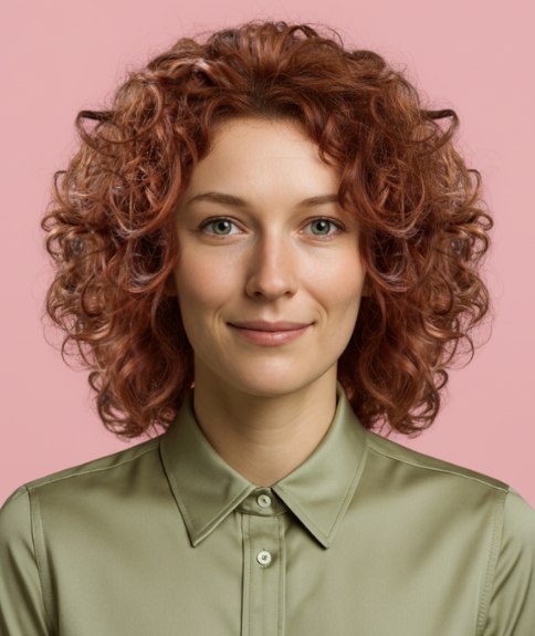 Coiffure avec boucles spirales romantiques et couleur auburn