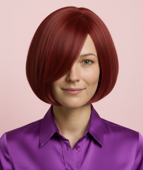 Carr&eacute; lisse et asym&eacute;trique avec frange balay&eacute;e sur le c&ocirc;t&eacute; et teinte auburn