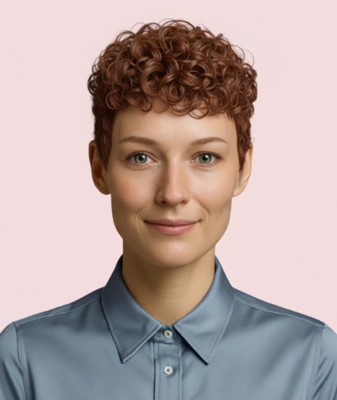 Coiffure courte avec longueur et boucles sur le dessus de la t&ecirc;te