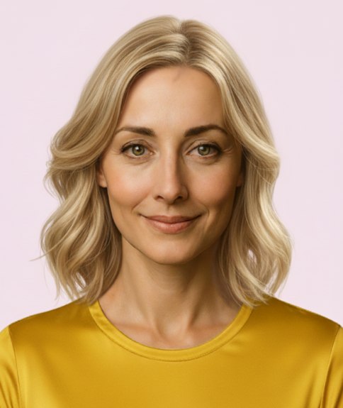 Coiffure mi-longue blonde multidimensionnelle avec l&eacute;g&egrave;re ondulation