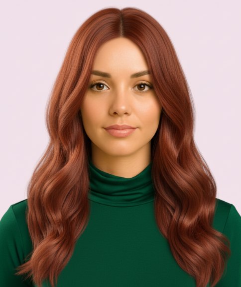 Longue coiffure auburn avec d&eacute;grad&eacute; et ondulations