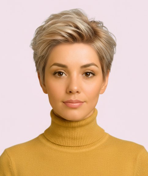 Coiffure f&eacute;minine courte avec m&egrave;che relev&eacute;e