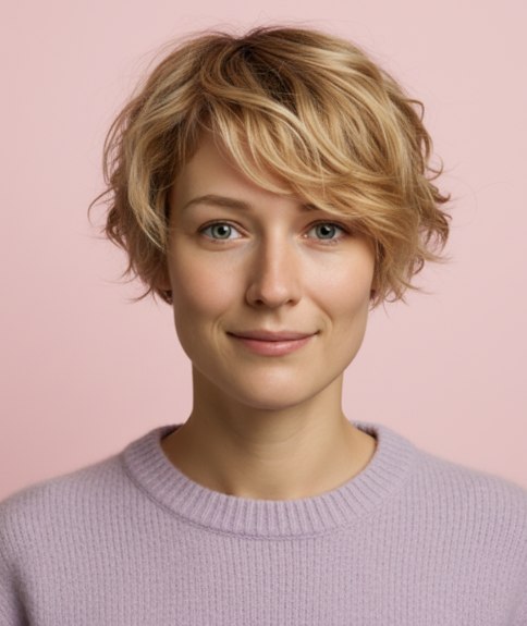 Coiffure courte blonde avec m&egrave;ches naturelles