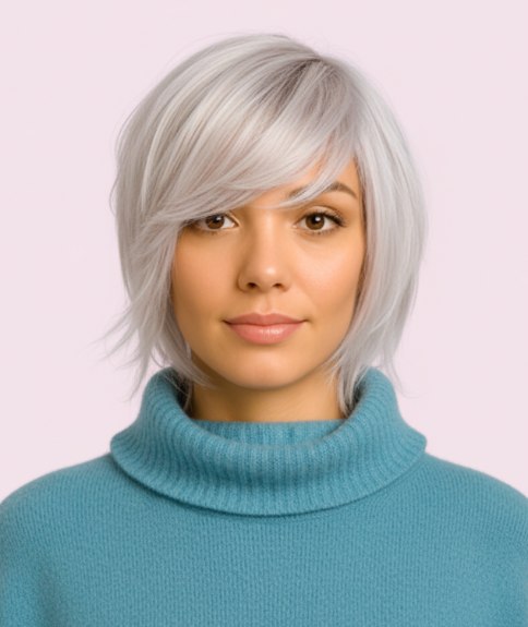 Coupe mi-longue avec d&eacute;grad&eacute; doux pour cheveux blond platine