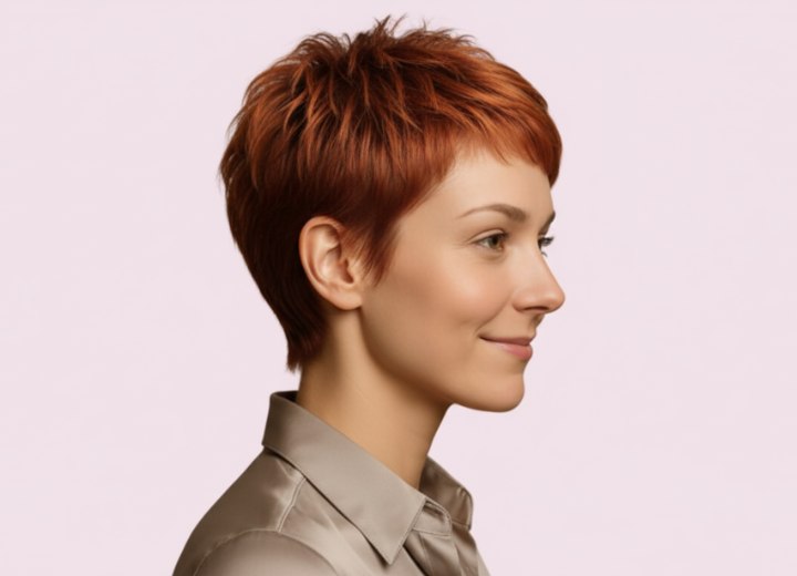 Pixie pour cheveux roux courts &ndash; Vue de c&ocirc;t&eacute;