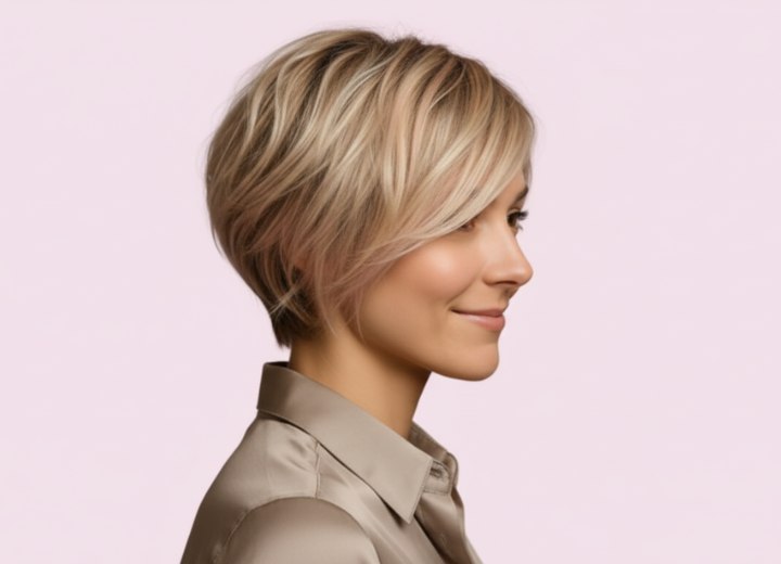 Carré blond court avec dégradé – Vue de côté