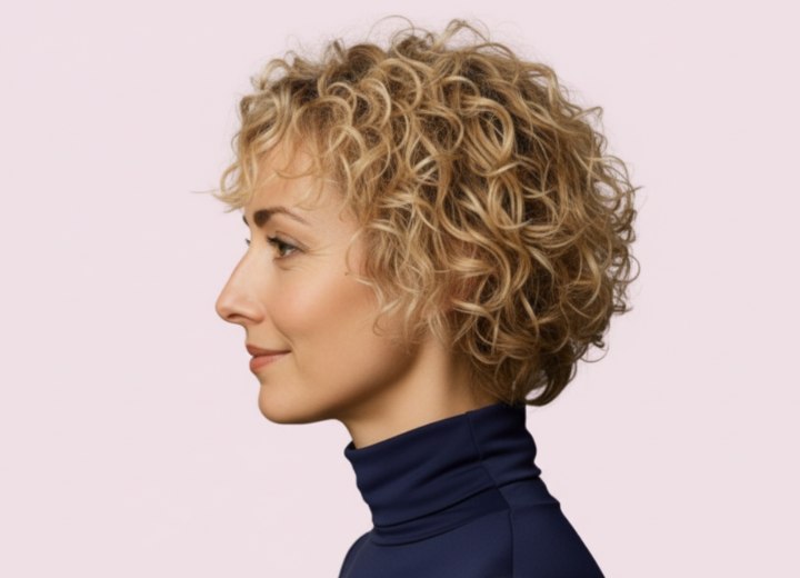 Style court pour cheveux boucl&eacute;s blonds &ndash; Vue de c&ocirc;t&eacute;