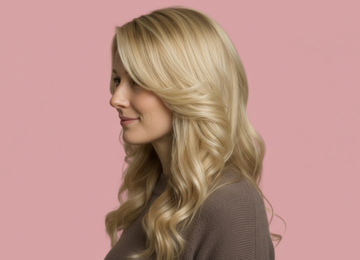 Coiffure longue avec boucles fluides &ndash; Vue de c&ocirc;t&eacute;