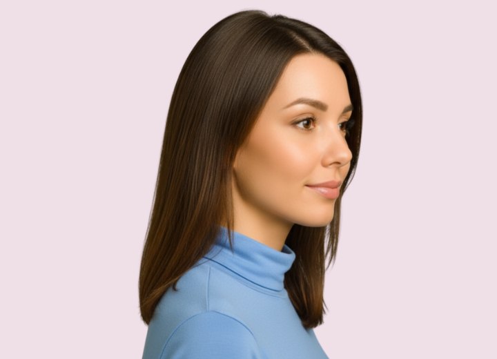 Cheveux longs avec courbe vers l’intérieur aux pointes – Vue de côté