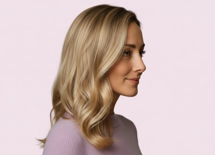 Cheveux longs avec raie de c&ocirc;t&eacute; et mouvement fluide &ndash; Vue de c&ocirc;t&eacute;