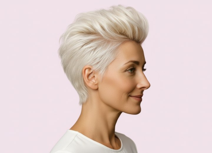 Cheveux tr&egrave;s courts blond platine &ndash; Vue de c&ocirc;t&eacute;