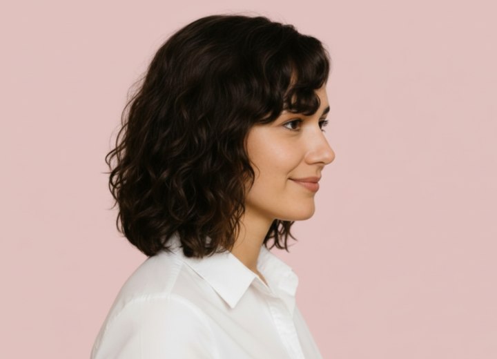 Cheveux bruns en carré long avec des boucles – Vue de côté