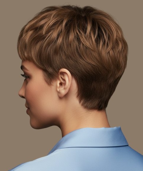 Femme aux cheveux courts f&eacute;minins, portant une chemise en soie