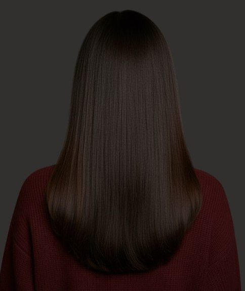Cheveux longs bruns, lisses et soyeux &ndash; Vue de dos