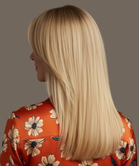 Femme aux cheveux longs blonds portant un chemisier fleuri &ndash; Vue de dos