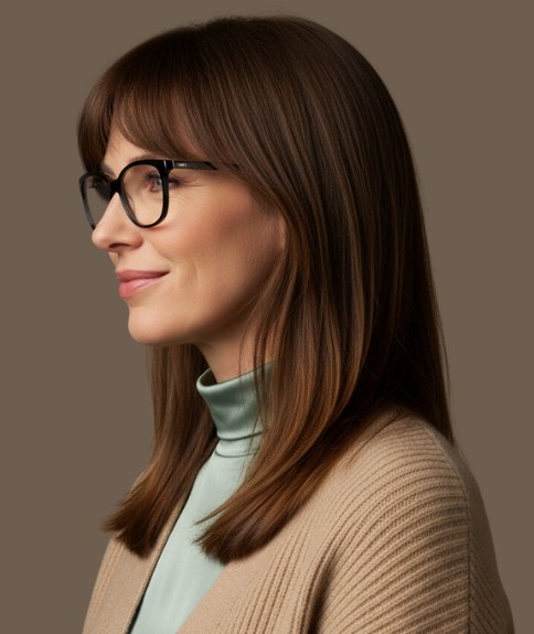 Coiffure longue avec frange rideau &ndash; Vue de profil