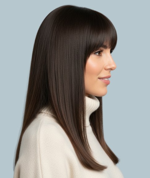 Cheveux longs bruns lisses et brillants &ndash; Vue de profil