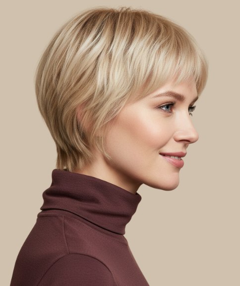 Coiffure courte blonde f&eacute;minine avec col roul&eacute; &ndash; Vue de profil