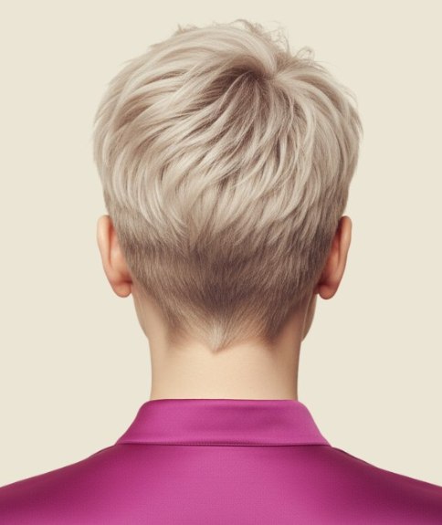 Cheveux blond platine tr&egrave;s courts et blouse fuchsia &ndash; Vue de dos