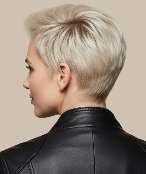 Style tr&egrave;s court pour cheveux blond platine &ndash; Vue de dos