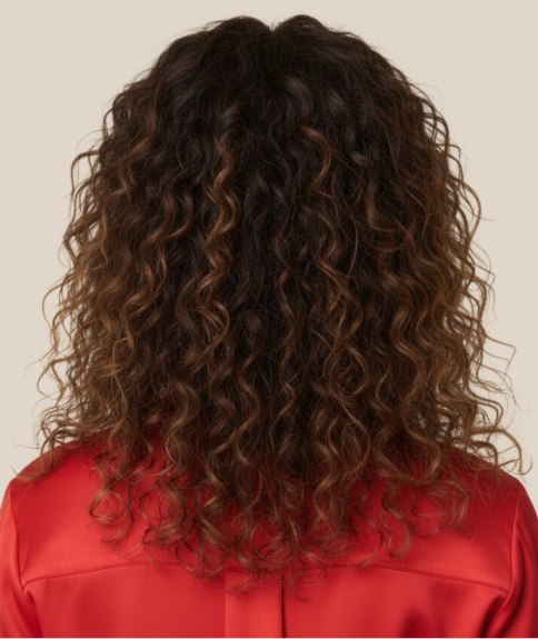 Cheveux longs bruns boucl&eacute;s avec m&egrave;ches &ndash; Vue de dos