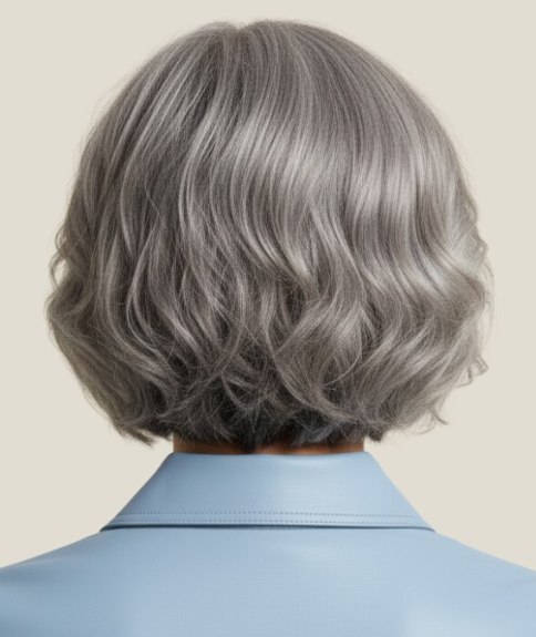 Cheveux gris naturels coup&eacute;s en carr&eacute; &ndash; Vue de dos
