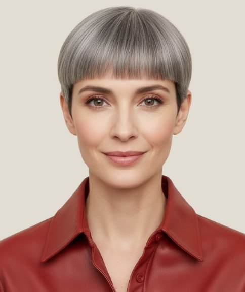 Cheveux gris coup&eacute;s en coupe &agrave; la gar&ccedil;onne avec micro-frange