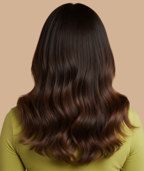 Cheveux longs bruns avec m&egrave;ches couleur miel &ndash; Vue de dos