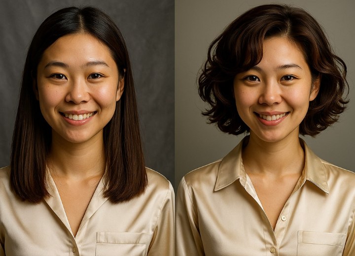 Asian hair makeover from long and sleek to short and curly