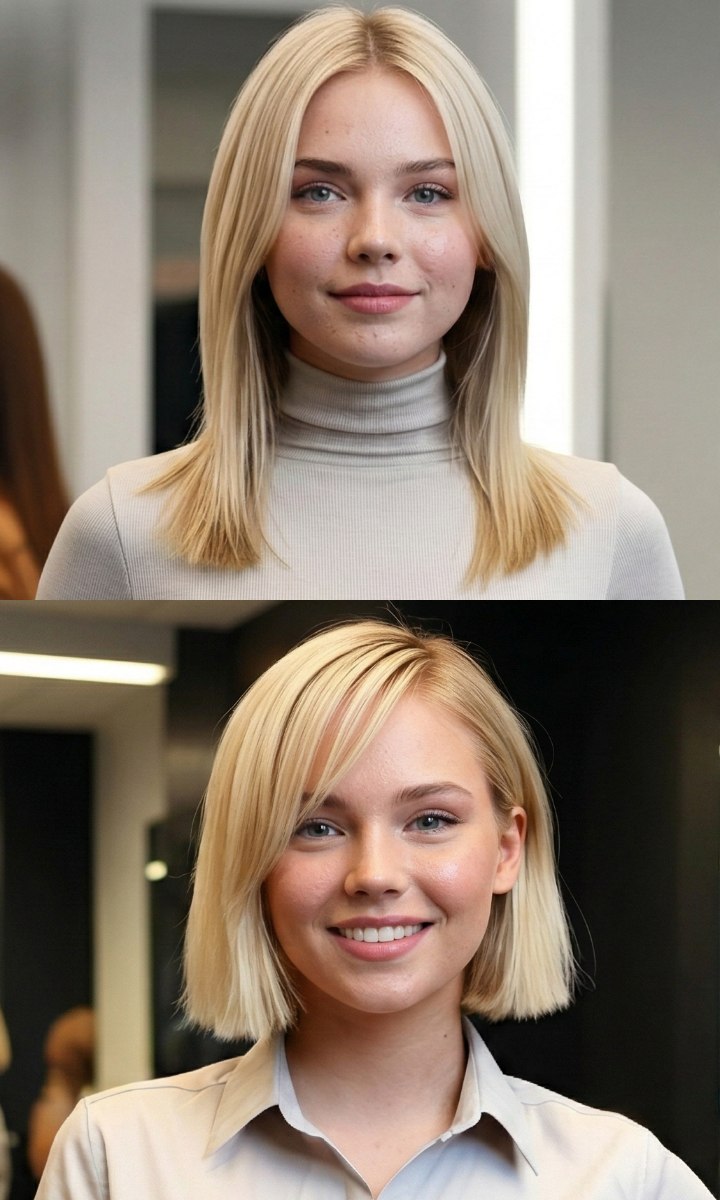 A woman's makeover from long hair with a turtleneck to a bob and a shirt-dress