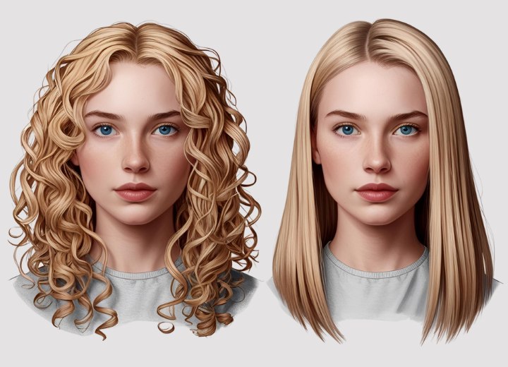 Before and after the straightening of very curly blonde hair