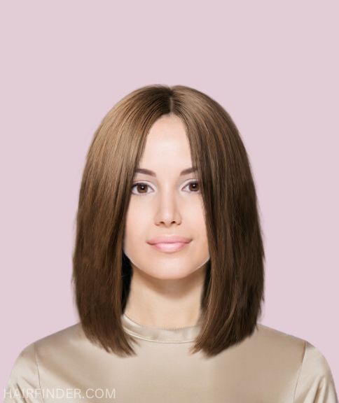 Sleek shoulder-length hairstyle with a center part