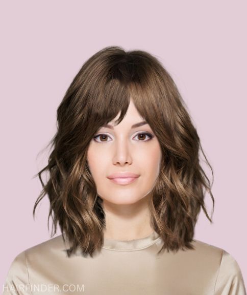 Shoulder-length hairstyle with curtain bangs