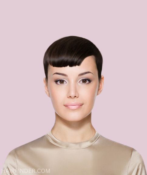 Pixie cut with a fringe that sits high above the eyebrows