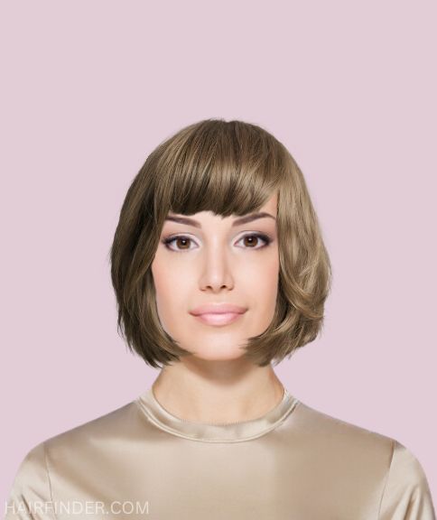 Chin-length ash blonde bob with layers and bangs