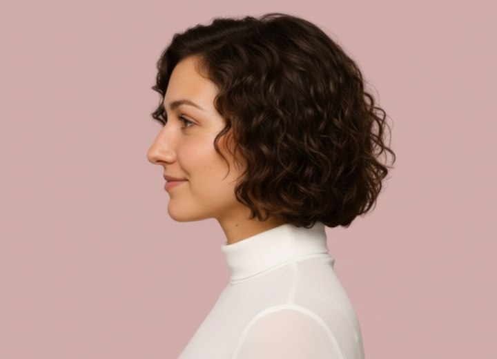 Short bob with a side part and curls - Side view