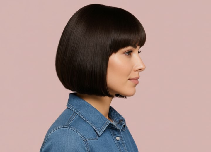 Short yet feminine brunette bob - Side view