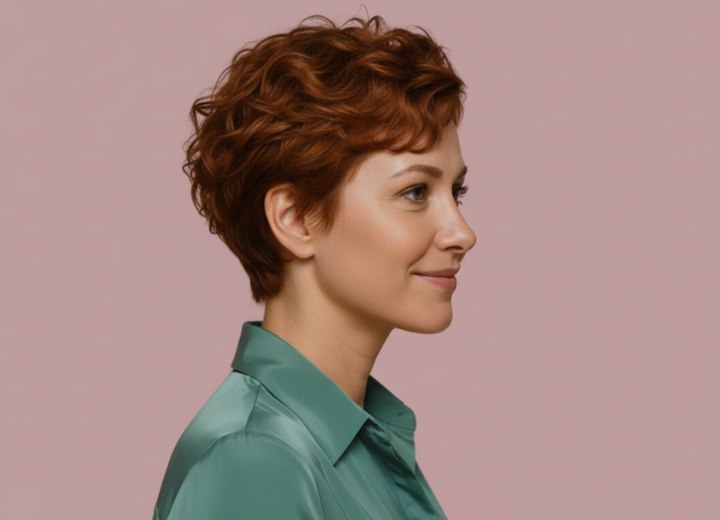 Short coppery red hair with tousled curls - Side view